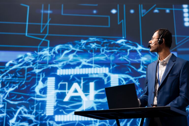 Speaker talking with audience during internet remote call AI webinar